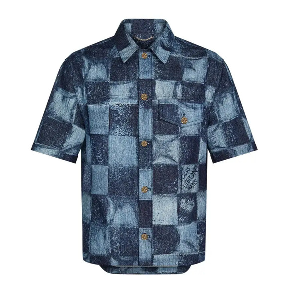 Louis Vuitton Salt Print Denim Blue Damier LV Logo Short Sleeve Button Shirt S - Picture 1 of 16